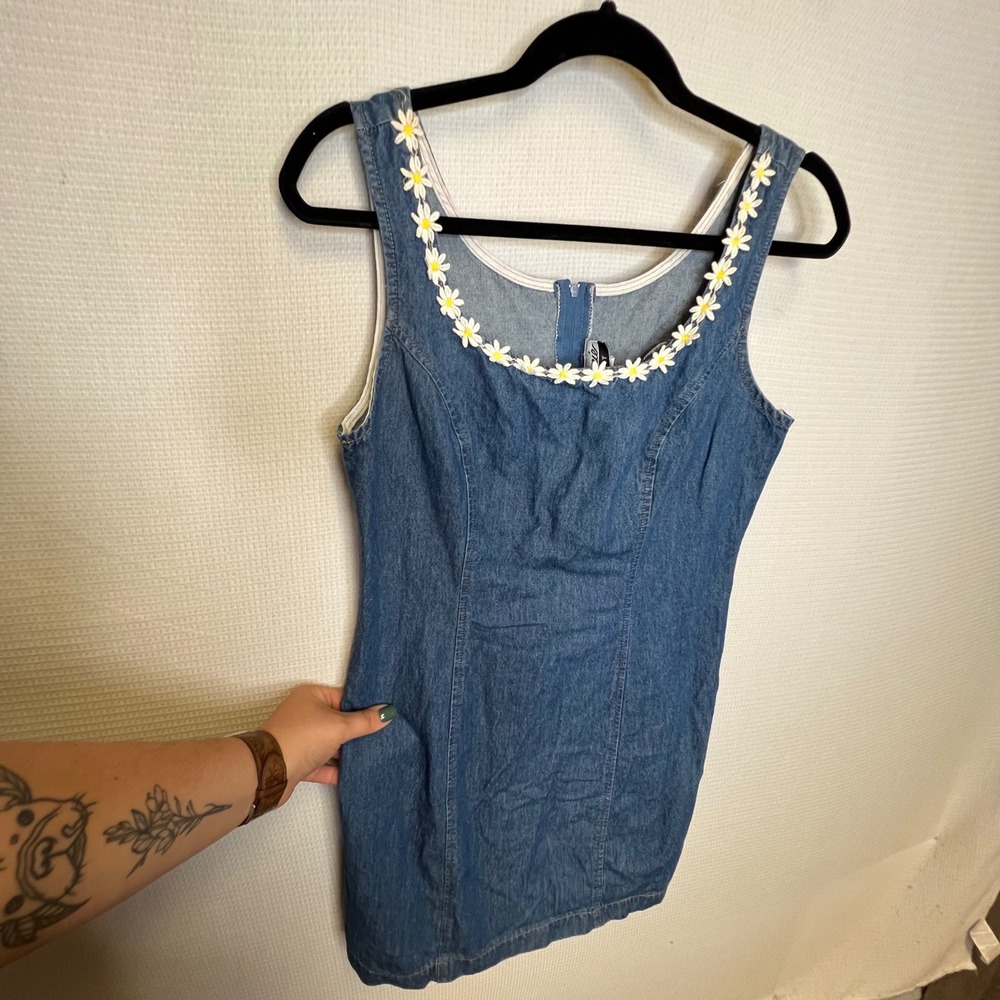 Marnie West Vintage 90s Denim Daisy Trim Mini Dress Blue Sleeveless Size 12